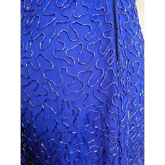 Vintage 80's Scala Royal Cobalt Blue Beaded Silk Cocktail Dress - PL - Picture 7 of 14